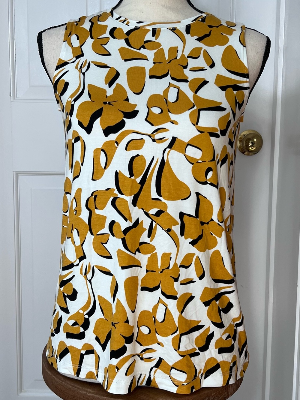 Nine West Sleeveless Floral Abstract Tank, Mustard/White, Soft Spun, Size XS